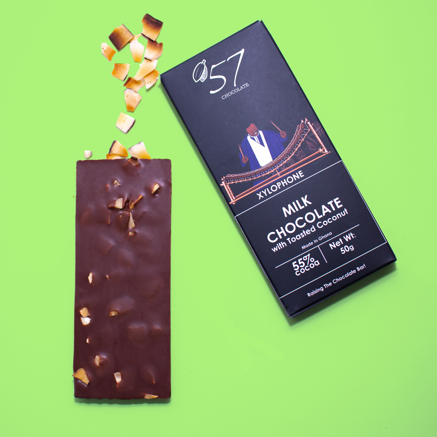 55% milk chocolate with toasted coconut.