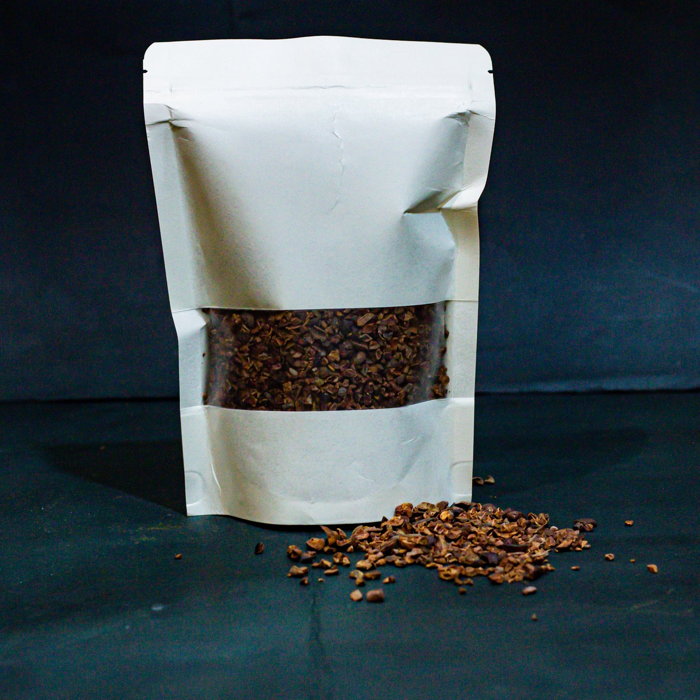 A pouch of cocoa nibs.