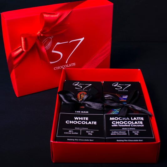A gift box containing 6 chocolate bars made by '57 Chocolate.
