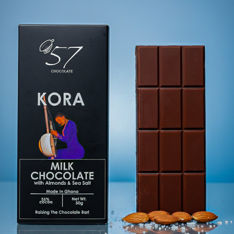 Milk chocolate bar with a woman playing the kora on the front cover.