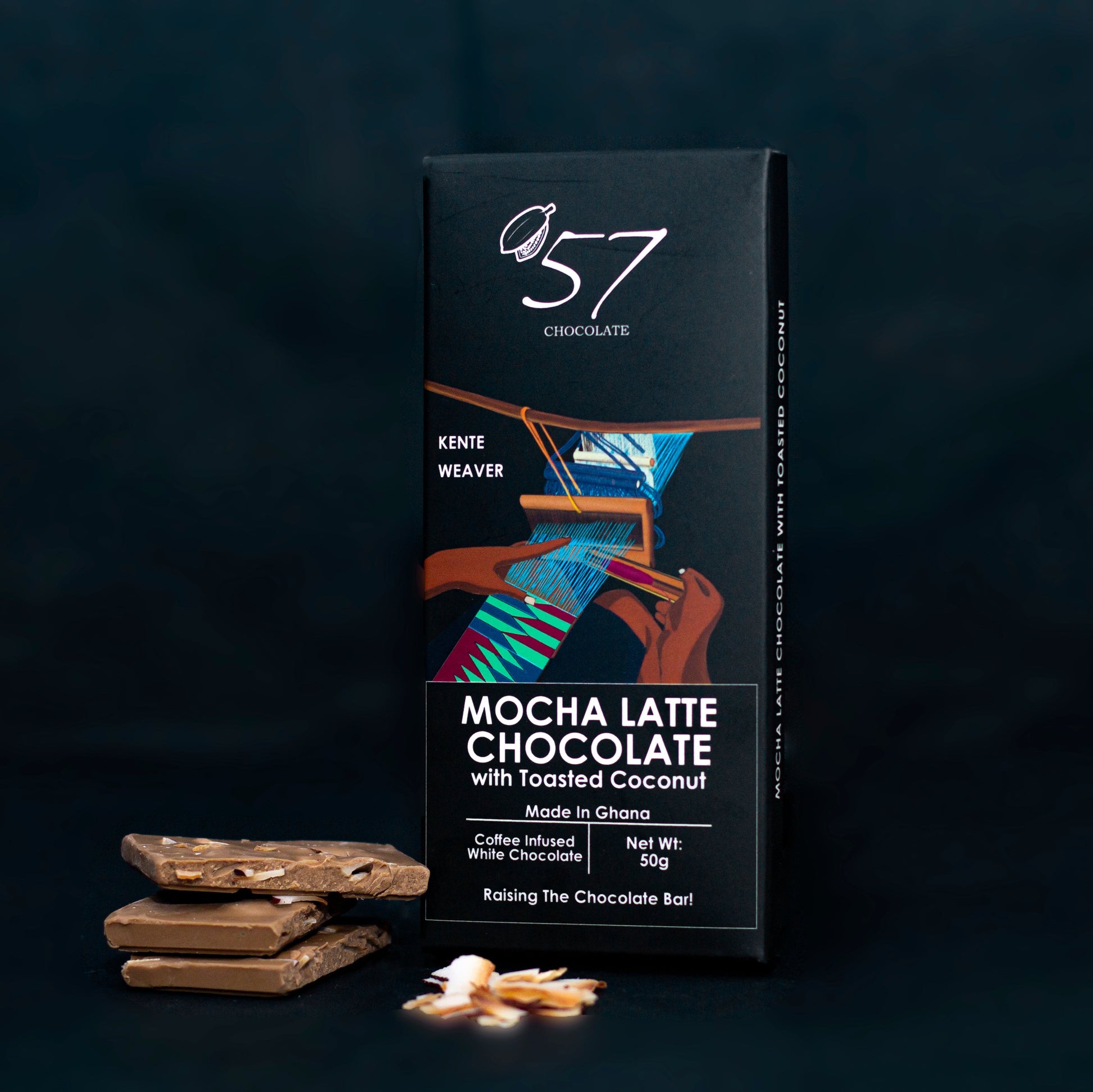 Mocha latte chocolate with a kente weaver on the front cover. 