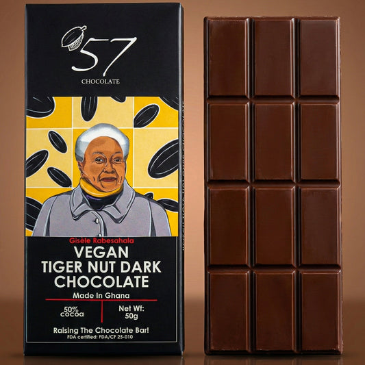 Vegan tiger nut dark chocolate bar featuring an illustration of a woman.