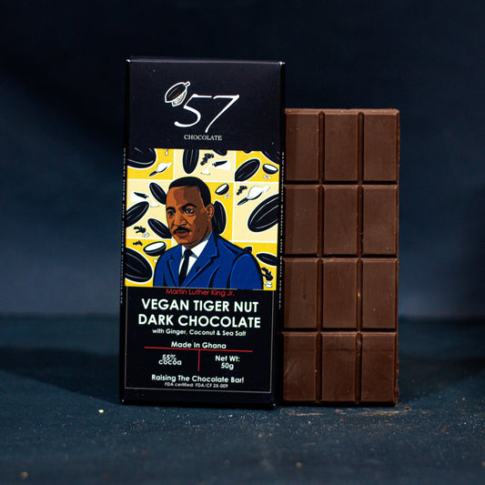Vegan dark chocolate bar with Martin Luther King on the front cover. 