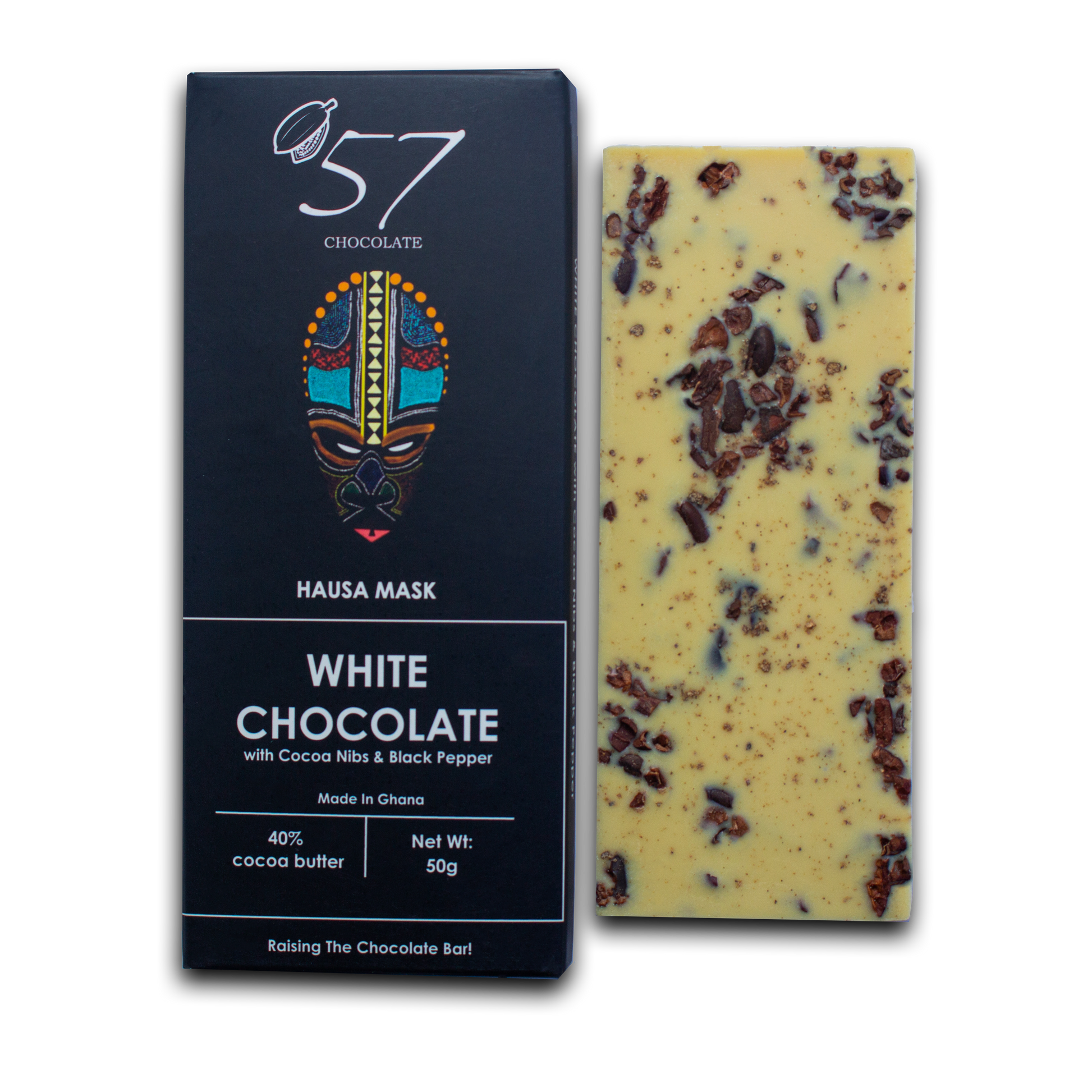 White chocolate bar with visible ingredients and packaging on a white background