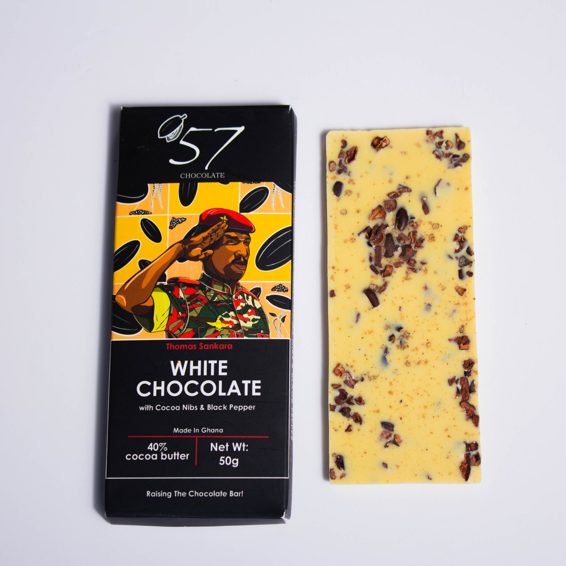 White chocolate bar with packaging featuring Thomas Sankara on the front cover.