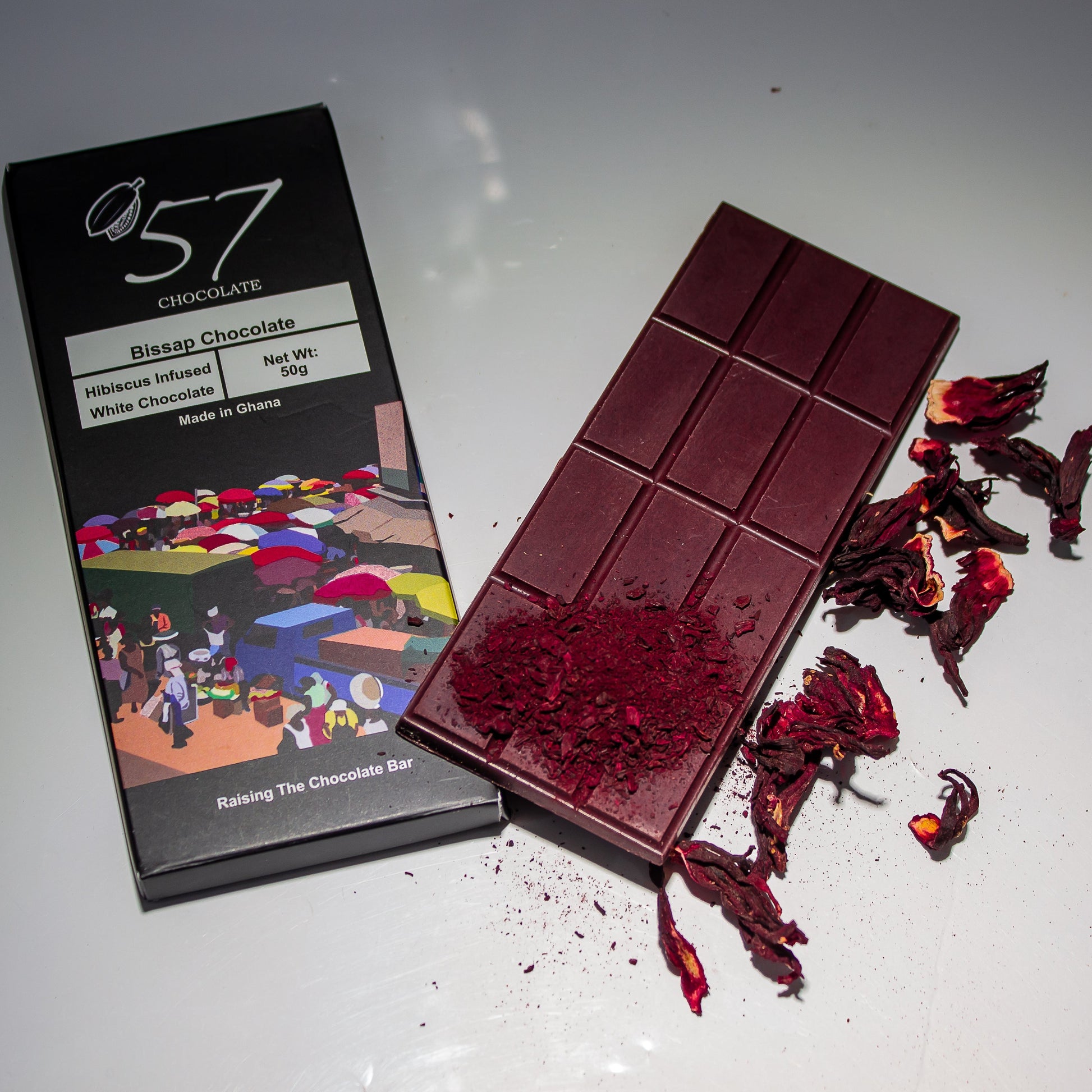Hibiscus-infused white chocolate.